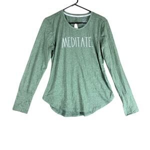 Rae Dunn Womens Shirt Green Meditate Eyelet Back Crew Neck Stretch Large